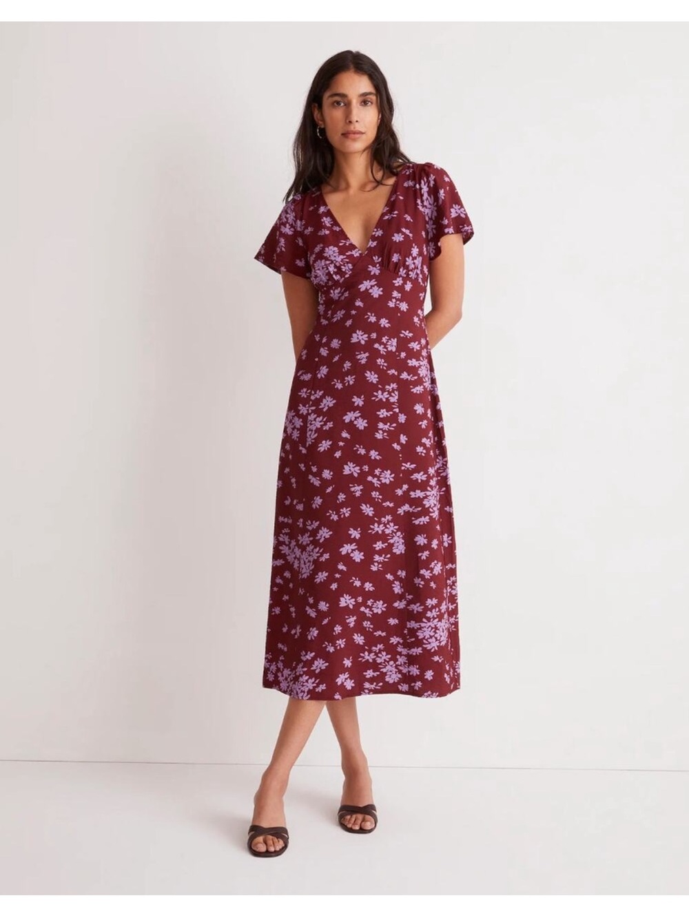 Madewell V-Neck Flutter-Sleeve Midi Dress Cabernet Red Purple 00 NN389